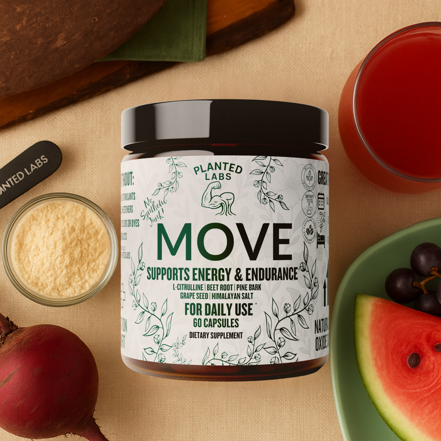 Supplement jar labeled 'MOVE' by Planted Labs on a table with fruits and a glass of juice.
